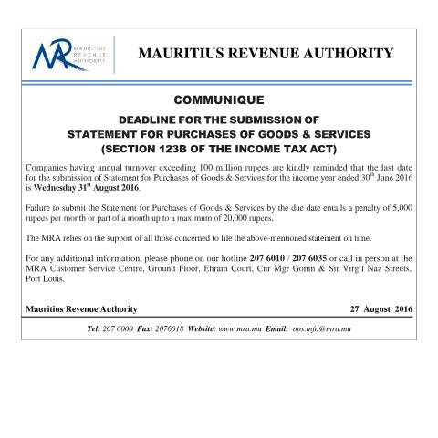 Document preview: Deadline for the Submission of Statement for Purchases of Goods &amp; Services (27.08.16) — Document, Mauritius (CERFA n°StatementOfGoods)