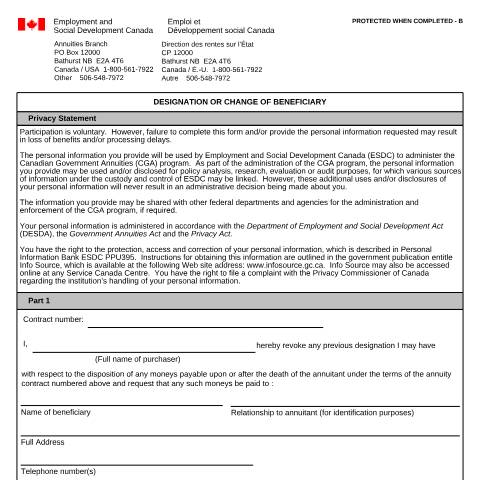 Document preview: Designation / Change of Beneficiary — Government Annuities, Canada (CERFA n°NAS2919)