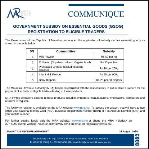 Document preview: Government Subsidy on Essential Goods (GSOG) registration to eligible traders (22.08.25) — Document, Mauritius (CERFA n°GSOG220825)