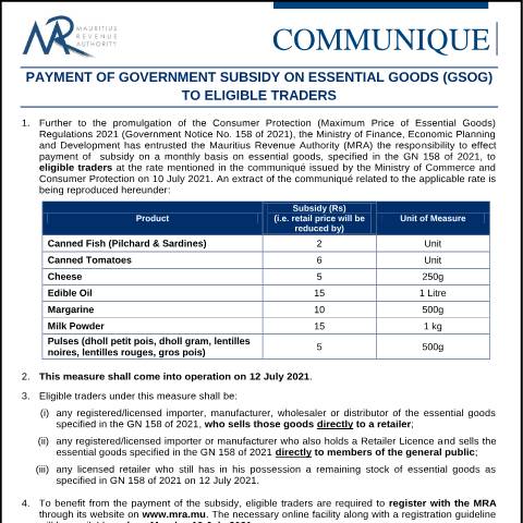 Document preview: Payment of Government Subsidy on Essential Goods (GSOG) to Eligible Traders (15.07.21) — Notice / Circular, Mauritius (CERFA n°Communique150721)