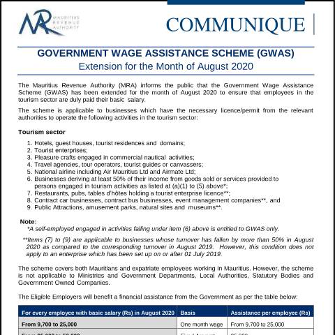 Document preview: Government Wage Assistance Scheme (GWAS) — Notice / Circular, Mauritius (CERFA n°CommuniqueGWAS250820)