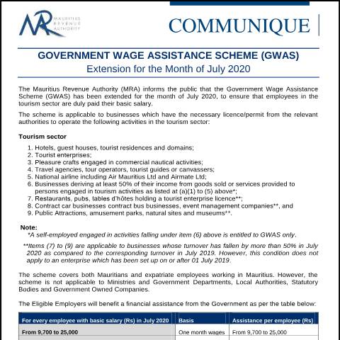 Document preview: Government Wage Assistance Scheme (GWAS) — Notice / Circular, Mauritius (CERFA n°CommuniqueGWAS240720)