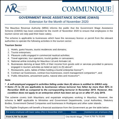 Document preview: Government Wage Assistance Scheme (GWAS) — Notice / Circular, Mauritius (CERFA n°CommuniqueGWAS271120)