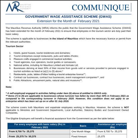 Document preview: Government Wage Assistance Scheme (GWAS) — Document, Mauritius (CERFA n°GWASFebruary2021)