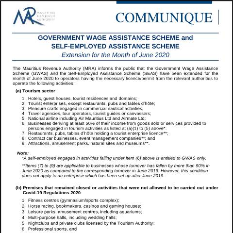 Document preview: Government Wage Assistance Scheme and Self-Employed Assistance Scheme - Extension for the Month of June 2020 (02.07.20) — Notice / Circular, Mauritius (CERFA n°Communique020720)