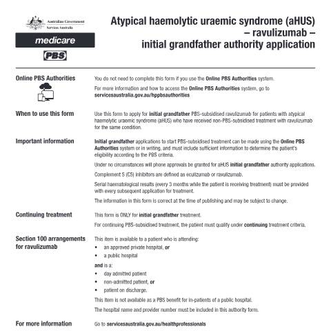 Document preview: Atypical haemolytic uraemic syndrome (aHUS) - ravulizumab - initial grandfather authority application form (PB359) — Services Australia — Health professionals, Australia (CERFA n°PB359)