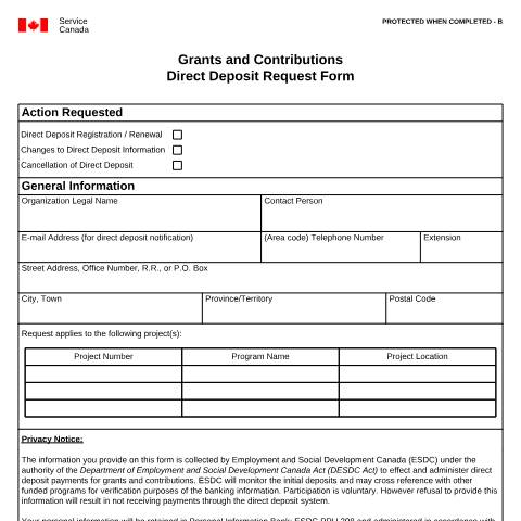 Document preview: Grants and Contributions Direct Deposit Request Form — Direct Deposit - Grants and Contributions, Canada (CERFA n°NAS5050)