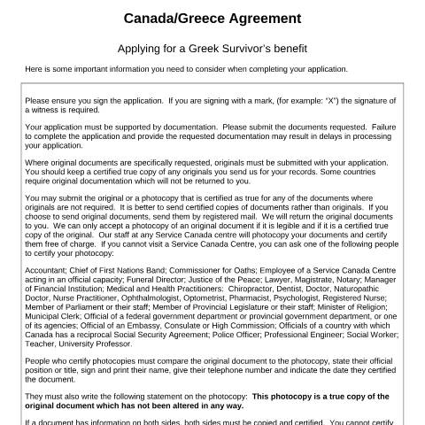 Document preview: Greece/Canada Agreement – Application for a Greek Survivor’s benefit — Income Security Programs, Canada (CERFA n°CDN-GR_1_(SRV))