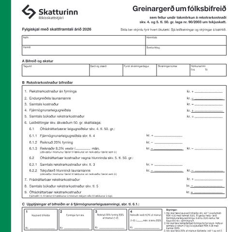 Document preview: Greinargerð um fólksbifreið, fylgiskjal með skattframtali árið 2026. — Einstaklingar, Ísland (CERFA n°RSK 4.09)