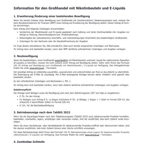 Dokumentvorschau: VStINF5 — Information Großhandel mit Nikotinbeuteln und E-Liquids — SteuernZoll, Österreich (CERFA n°VStINF5)