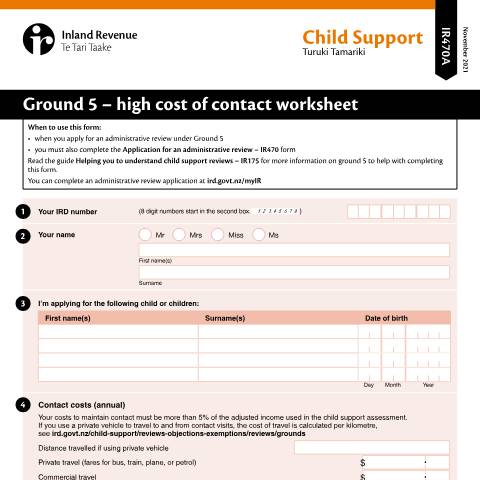 Document preview: Ground 5 – high cost of contact worksheet — Child support, New Zealand (CERFA n°IR470A)