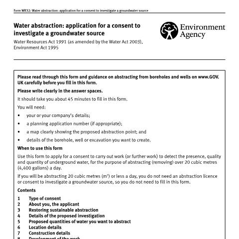 Document preview: Apply for consent to investigate a groundwater source — Environment Agency, United Kingdom