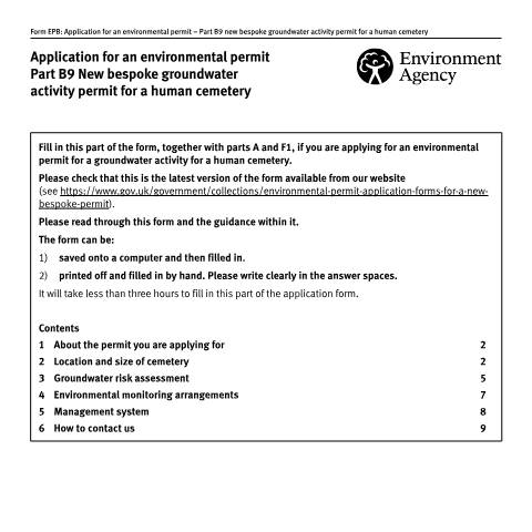 Document preview: Application for an environmental permit: part B9 bespoke groundwater activity for a human cemetery — Environment Agency, United Kingdom