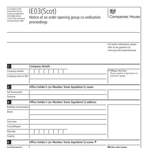 Document preview: Give notice of an order opening group co-ordination proceedings (IE03(Scot)) — Companies House, United Kingdom