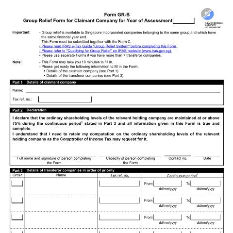 Document preview: Group Relief Form for Claimant Company (Form GR-B) — IRAS / Companies, Singapore (CERFA n°GROUP-RELIEF-FORM-FOR-CLAIMANT-COMPANY-(FORM-GR-B))