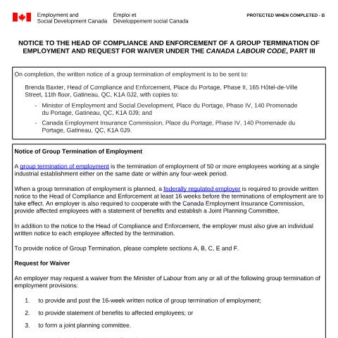 Document preview: Notice to the Head of Compliance and Enforcement of a group termination of employment and request for waiver under the Canada Labour Code, part III — Labour, Canada (CERFA n°ESDC-LAB1197)