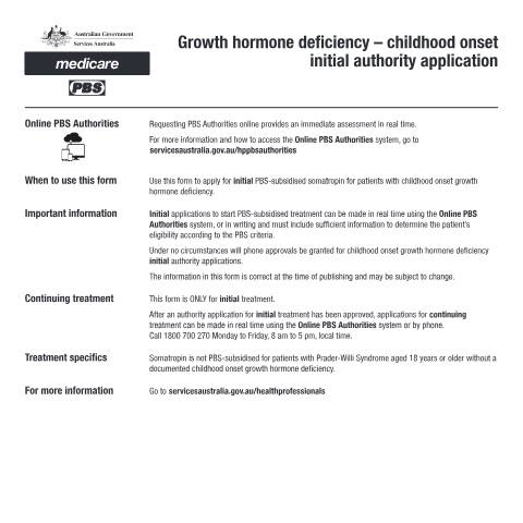 Document preview: Growth hormone deficiency - childhood onset initial authority application form (PB288) — Services Australia — Health professionals, Australia (CERFA n°PB288)