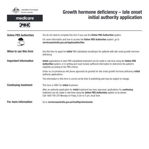 Document preview: Growth hormone deficiency - late onset initial authority application form (PB248) — Services Australia — Health professionals, Australia (CERFA n°PB248)