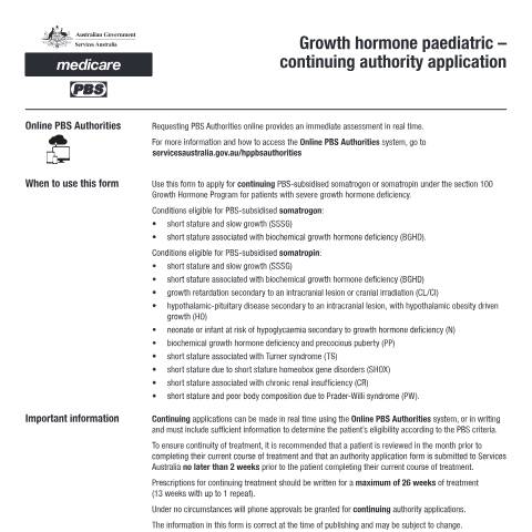 Document preview: Growth hormone paediatric - continuing authority application form (PB163) — Services Australia — Health professionals, Australia (CERFA n°PB163)