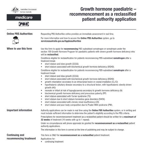 Document preview: Growth hormone paediatric - recommencement as a reclassified patient authority application  form (PB166) — Services Australia — Health professionals, Australia (CERFA n°PB166)