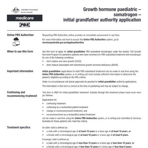 Document preview: Growth hormone paediatric - somatrogon - initial grandfather authority application form (PB339) — Services Australia — Health professionals, Australia (CERFA n°PB339)