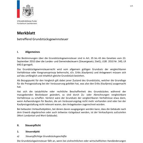 Dokumentvorschau: Grundstücksgewinnsteuer, Merkblatt — Grundstuecksgewinnsteuer, Liechtenstein (CERFA n°grundstuecksgewinnsteuer-merkblatt)