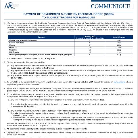 Document preview: Payment of GSOG to eligible traders for Rodrigues (28.07.21) — Document, Mauritius (CERFA n°GSOGRodrigues190721)