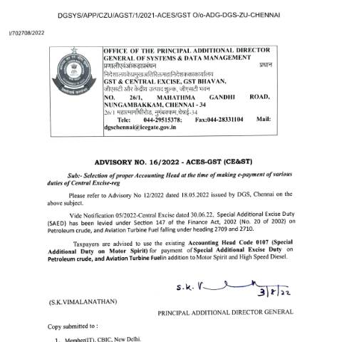 Document preview: advisory 16 2022 030822 regarding Accounting Head Code Payment SAED — gst, India (CERFA n°advisory-16-2022-030822-regarding-Accounting-Head-Code-Payme)