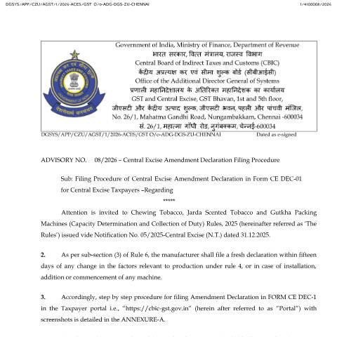 Document preview: AdvisoryNo 08 of 2026 CE Declaration Change  Addition disposal of machines — gst, India (CERFA n°AdvisoryNo 08 of 2026_CE Declaration_Change _Addition_dispos)