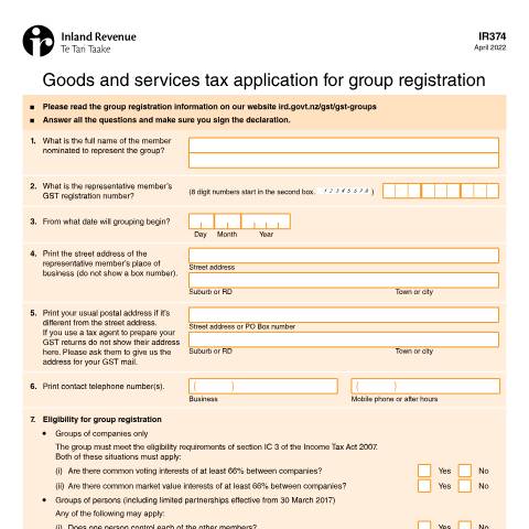 Document preview: Goods and services tax application for group registration — GST (goods and services tax), New Zealand (CERFA n°IR374)