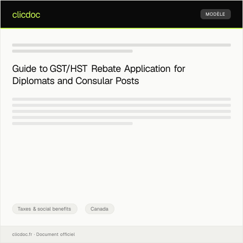 Document preview: GST/HST Rebate Application for Foreign Representatives, Diplomatic Missions, Consular Posts, International Organizations, or Visiting Forces Units — Taxes & social benefits, Canada