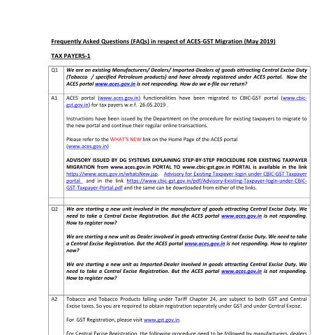 Document preview: FAQ May 2019 FAQ ACES GST Migration Tax Payers — gst_faq, India (CERFA n°GST)