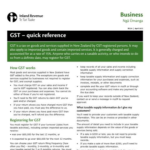 Document preview: GST - quick reference — GST (goods and services tax), New Zealand (CERFA n°IR324)