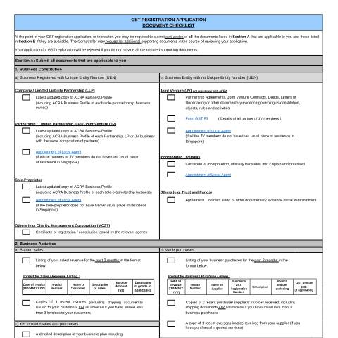 Document preview: document checklist — IRAS / Gst Registration Deregistration, Singapore (CERFA n°DOCUMENT-CHECKLIST)