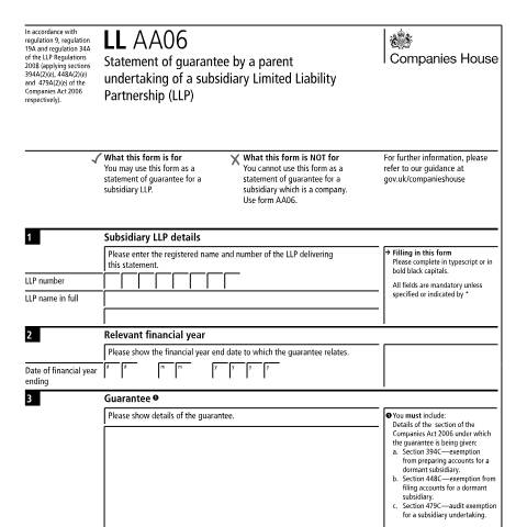 Document preview: Guarantee statement by parent undertaking of subsidiary limited liability partnership (LL AA06) — Companies House, United Kingdom