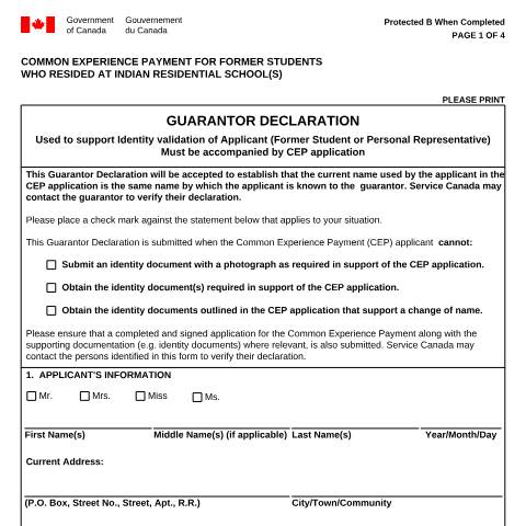Document preview: Guarantor Declaration for Common Experience Payment Application (CEP) — Employment Programs, Canada (CERFA n°EMP5417)