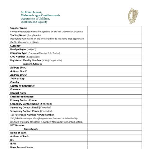 Document preview: Application to avail of transition as a Guardian ad litem under section 35Q — DCDE Finance Supplier Details Form — Department of Children, Disability and Equality, Ireland