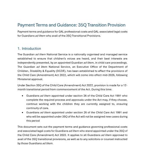 Document preview: Application to avail of transition as a Guardian ad litem under section 35Q — Payment Terms and Guidance 35Q 1 — Department of Children, Disability and Equality, Ireland