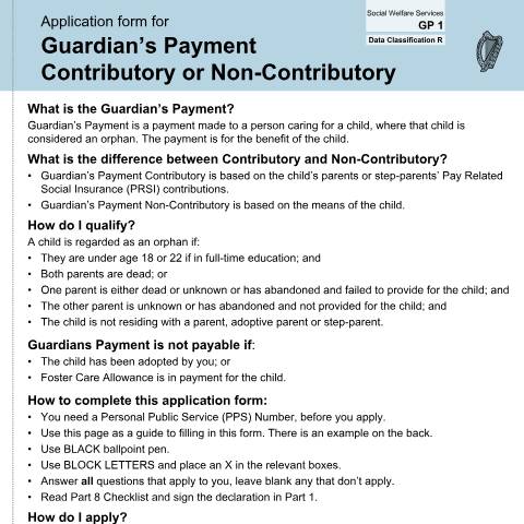 Document preview: Operational Guidelines: Guardian's Payment (Contributory) — application form guardians payment contributory or non contributory gp1 — Department of Social Protection, Ireland (CERFA n°GP1)