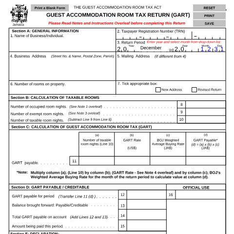Document preview: Form RT01 - Guest Accommodation Room Tax — Form, Jamaica (CERFA n°rt01_gart_form)