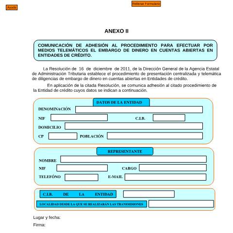 Vista previa del documento Comunicación de adhesión al procedimiento para efectuar por medios telemáticos el embargo de dinero en cuentas abiertas en entidades de crédito — AEAT — Modelos de representación / autorización, España
