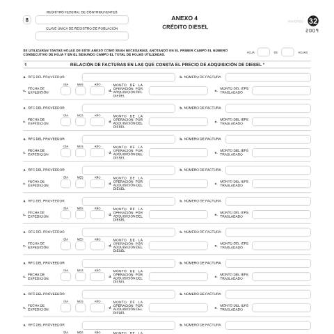 Vista previa del documento Crédito diesel. Esta forma es de libre impresión. — Código Fiscal de la Federación (CFF), México (CERFA n°Anexo 4 de la forma oficial 32)