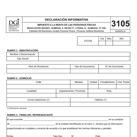 Vista previa del documento Formulario 3105 -IRPF – Declaración de Personas Jurídicas Residentes - Entidades no Residentes (excepto Personas Físicas) — DGI - Formularios, Uruguay (CERFA n°3105)