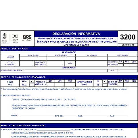 Vista previa del documento Formulario 3200 - Declaración informativa IRNR-CESS V00 — BPS - Otros Formularios, Uruguay (CERFA n°3200)