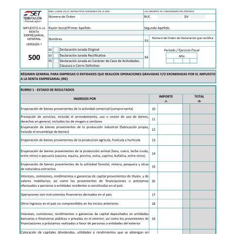 Vista previa del documento Formulario N° 500 - IRE Régimen General Versión 1 — Declaraciones Juradas / IRE, Paraguay (CERFA n°F500)