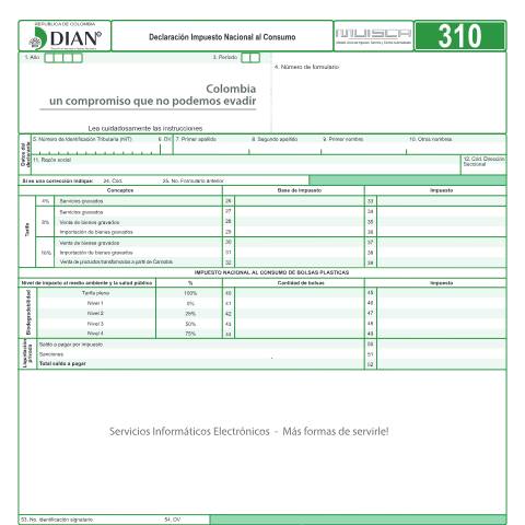 Vista previa del documento Declaración Impuesto Nacional al Consumo — Año 2018, Colombia (CERFA n°F310-2018)