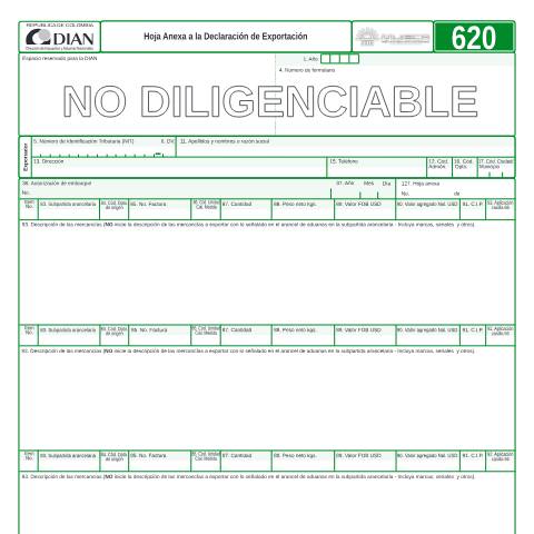 Vista previa del documento Hoja anexa a la declaración de exportación — Año 2006, Colombia (CERFA n°F620-2006)