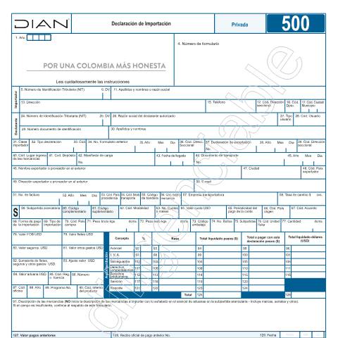 Vista previa del documento Declaración de Importación – Resolución 000004 de enero 20 de 2021 — Año 2021, Colombia (CERFA n°F500-2021)