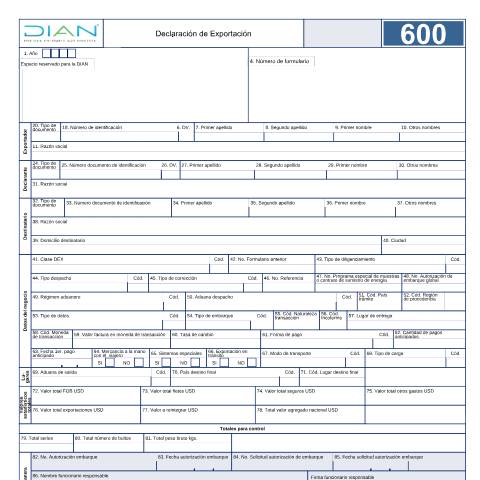 Vista previa del documento Declaración de Exportación — Año 2025, Colombia (CERFA n°F600-2025)