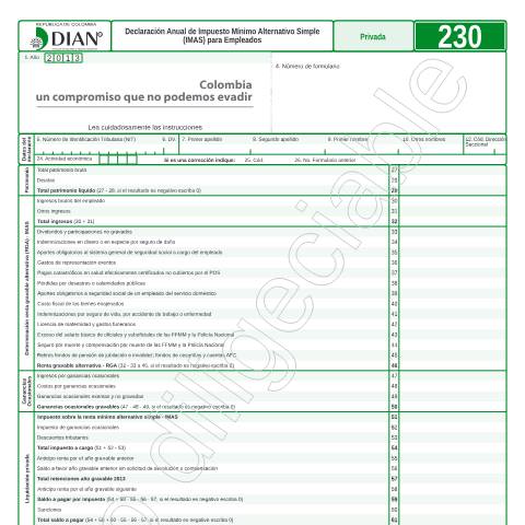 Vista previa del documento Declaración Anual de Impuesto Mínimo Alternativo Simple (IMAS) para Empleados — Año 2014, Colombia (CERFA n°F230-2014)
